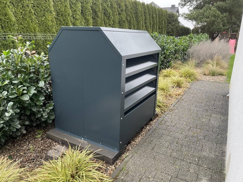 Wärmepumpe im Garten neben dem Haus, auf der eine akustische Abschirmung für die Wärmepumpe angebracht ist.