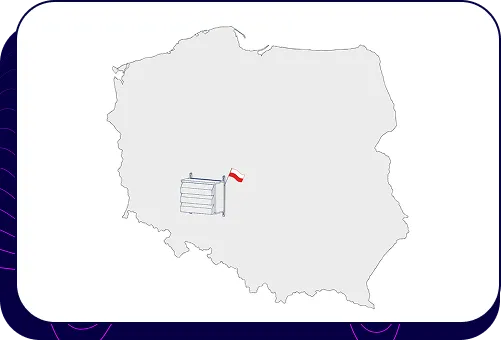 Eine Karte von Polen mit dem Symbol der Silencions s|AC|-Schallschutzkabine und einer kleinen polnischen Flagge darauf, die die lokale Produktion und Qualitätskontrolle symbolisiert.
