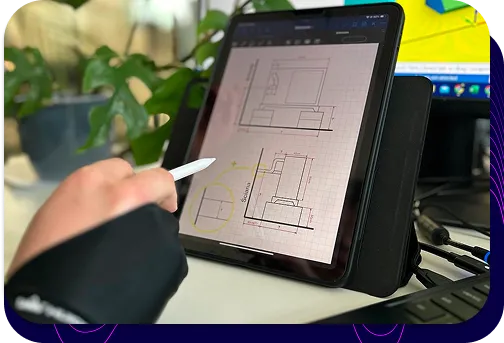 Eine Hand hält einen Stift und arbeitet an einem Tablet, auf dem technische Pläne und Diagramme einer Schallschutzhaube angezeigt werden.