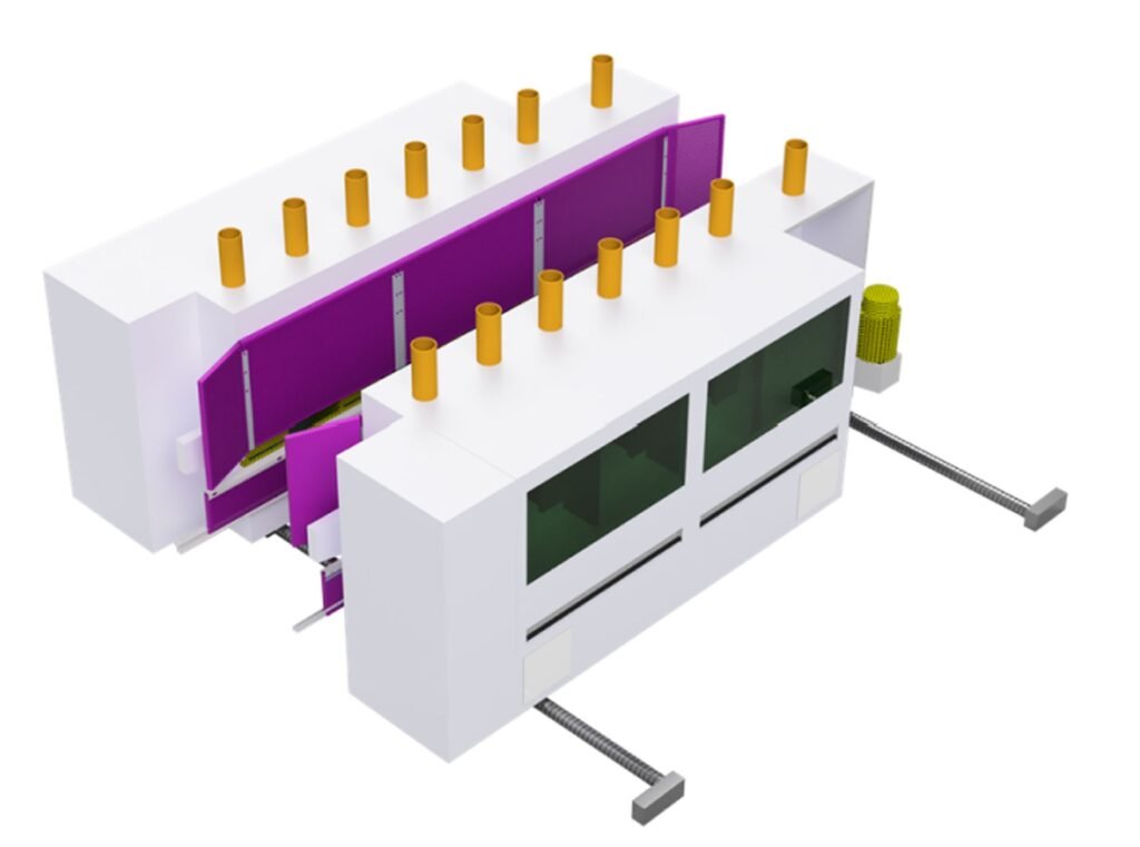 Visualisierung einer Industriemaschine (Produktionslinie in einem Holzverarbeitungsbetrieb) nach der Montage von Akustikplatten. Zwischen den weißen Modulen der Maschine sind die violetten Silencions-Akustikplatten zu sehen.