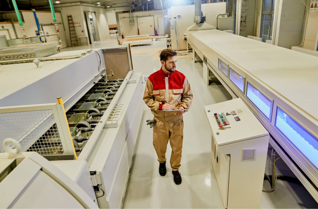 Ein Mann in einem Overall in einer Holzverarbeitungsfabrik (Holzverarbeitungsbetrieb) schreibt auf einem Tablet, während er neben einer Industriemaschine steht.