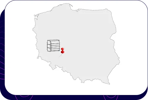 Karte von Polen mit einer roten Stecknadel, die den Standort unseres Unternehmens in Wrocław anzeigt