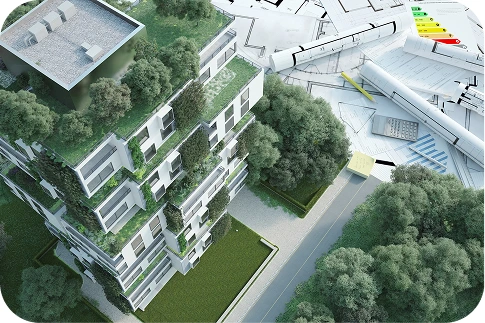 Visualisierung einer modernen Wohnsiedlung mit begrünten Dächern und Fassaden, von oben gesehen. Neben dem Gebäude liegen Architekturpläne, eine Papierrolle, ein Taschenrechner und Diagramme zur Energieeffizienz.