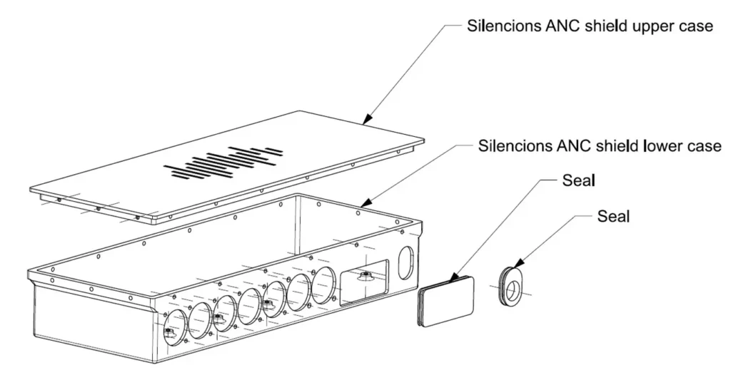 Technische Montagezeichnung des Silencions ANC Shield-Gehäuses mit markierten Dichtungen und Konstruktionselementen.