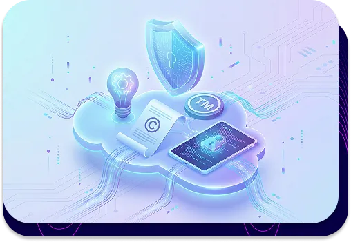 Abstrakte isometrische Illustration, die Symbole zum Schutz geistigen Eigentums darstellt, darunter ein Schild, das Markenzeichen TM und ein Copyright-Symbol im Zusammenhang mit digitalen Innovationen.