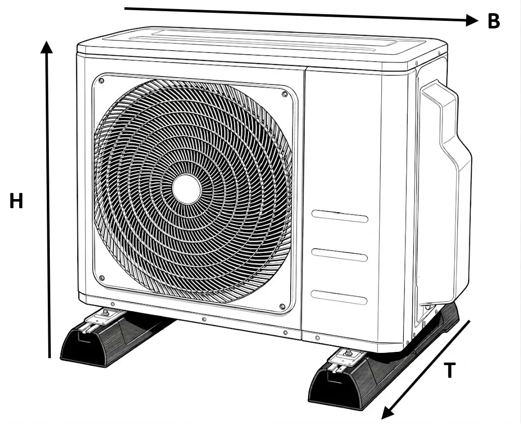 Technical drawing of a standard, single-fan heat pump unit with guidelines for measuring height (H), width (B), and depth (T) for a custom cover.