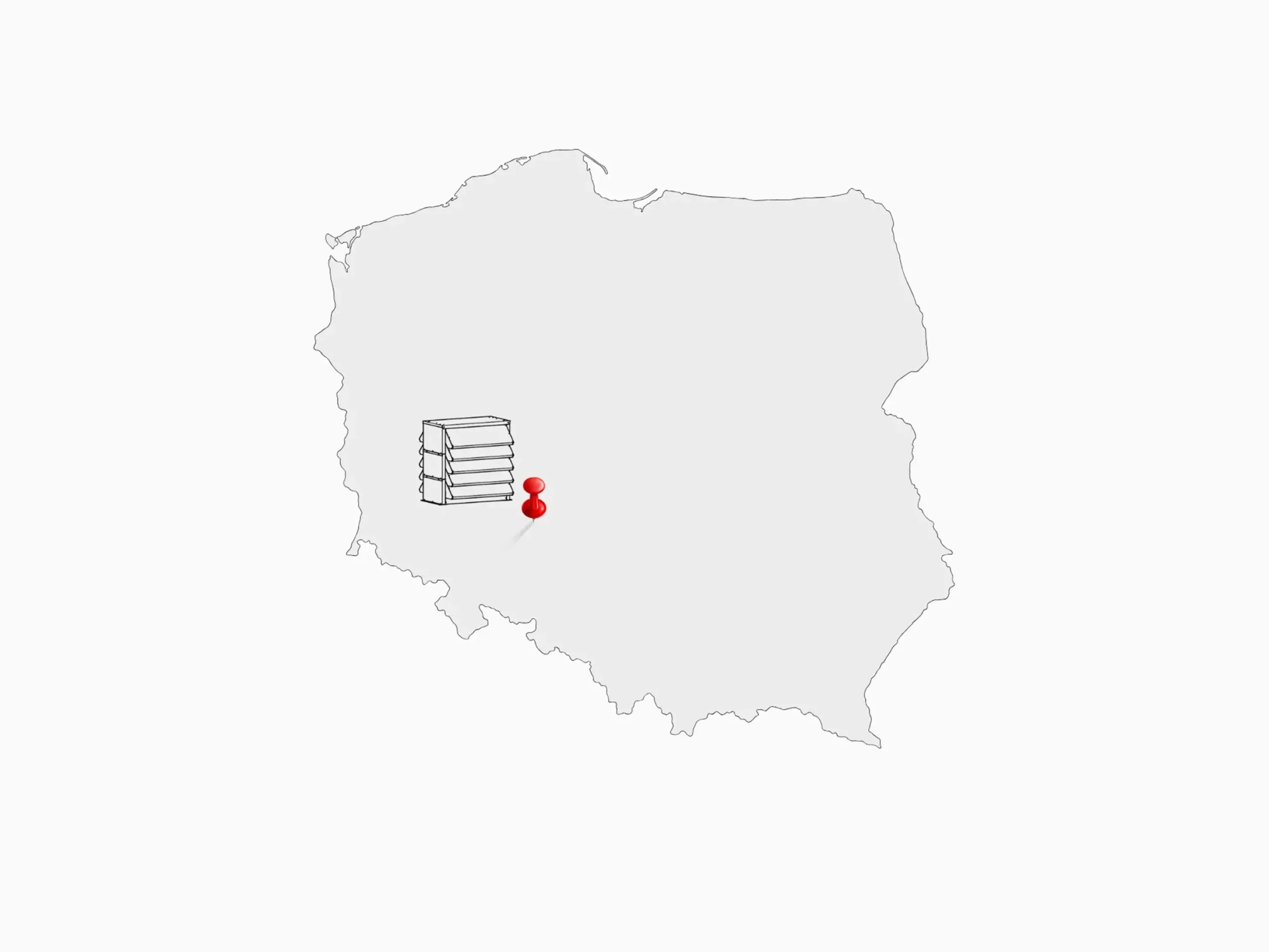 Karte von Polen mit einer roten Stecknadel, die den Standort unseres Unternehmens in Wrocław anzeigt